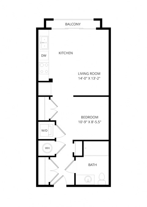 A floor plan of a small apartment with a living room, bedroom, kitchen, and bathroom.